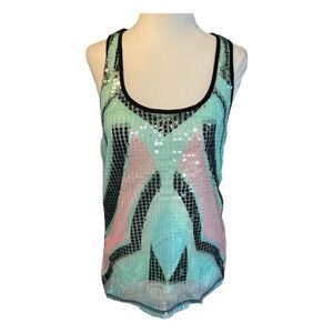 Material Girl Sequin Embellished Camisole Teal Pink Black Stripes Sleeveless S